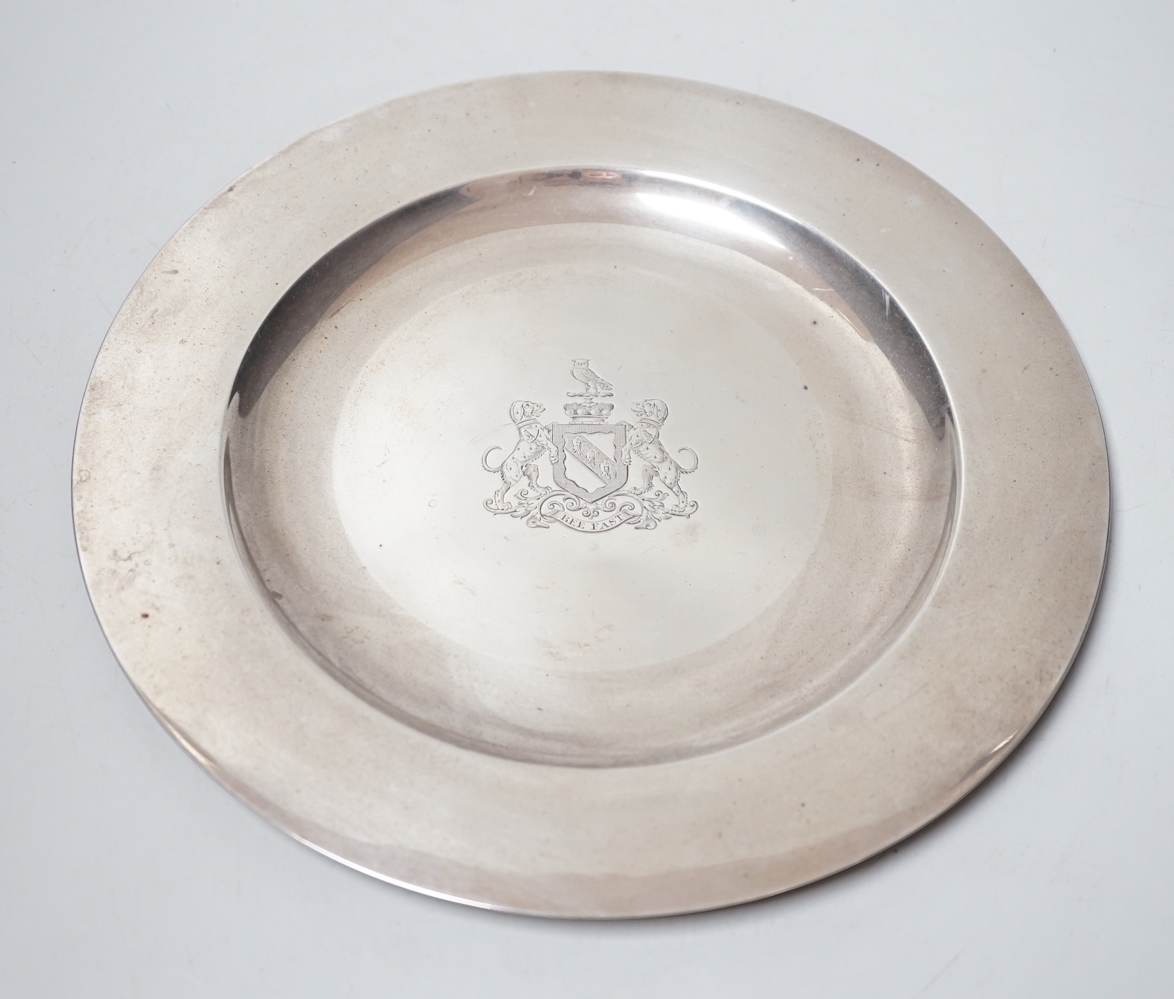 An Edwardian silver plate with engraved armorial, Hancocks & Co, London, 1907, 25.4cm, 14.4oz.